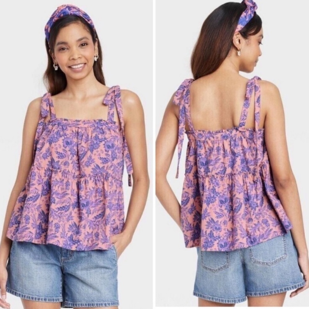 Universal Thread Women's Tie-Strap Tiered Tank Top Pink Floral Size Large